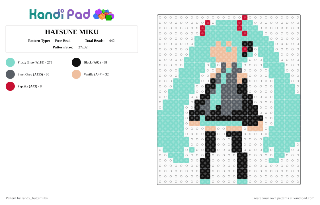 HATSUNE MIKU - Fuse Bead Pattern by randy_butternubs on Kandi Pad - light blue