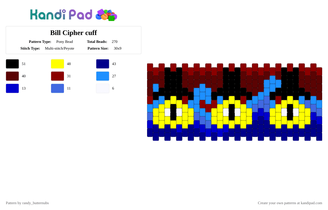 Bill Cipher cuff - Pony Bead Pattern by randy_butternubs on Kandi Pad - yellow,purple,brown