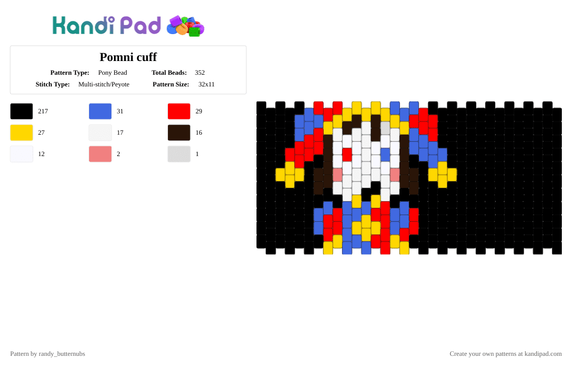 Pomni cuff NOT FINISHED - Pony Bead Pattern by randy_butternubs on Kandi Pad - black,blue,red,yellow