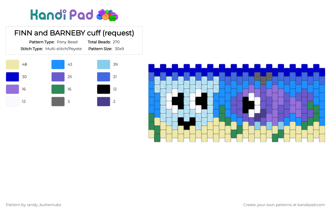 FINN and BARNEBY cuff (request) - Pony Bead Pattern by randy_butternubs on Kandi Pad - light blue,purple,blue,yellow