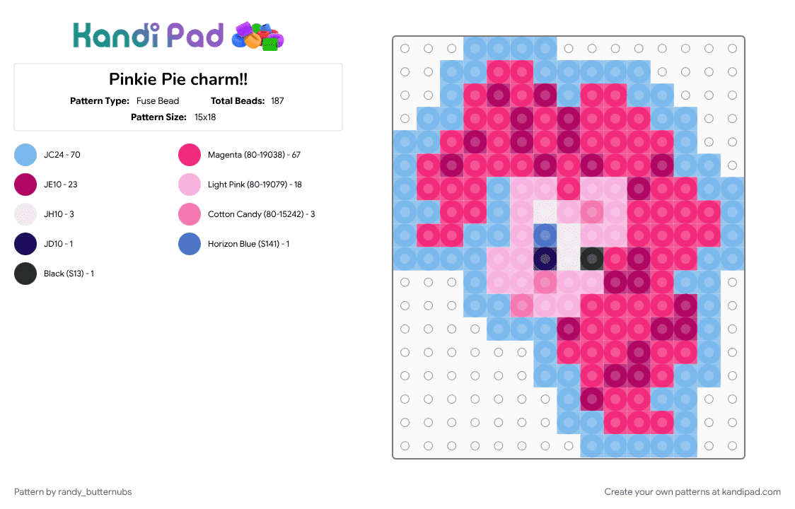 Pinkie Pie charm!! - Fuse Bead Pattern by randy_butternubs on Kandi Pad - character, friendship is magic, light blue, mlp, my little pony, pink, pinkie pie
