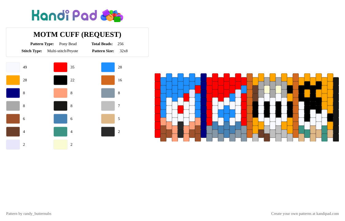MOTM CUFF (REQUEST) - Pony Bead Pattern by randy_butternubs on Kandi Pad - orange,red,light blue,beige