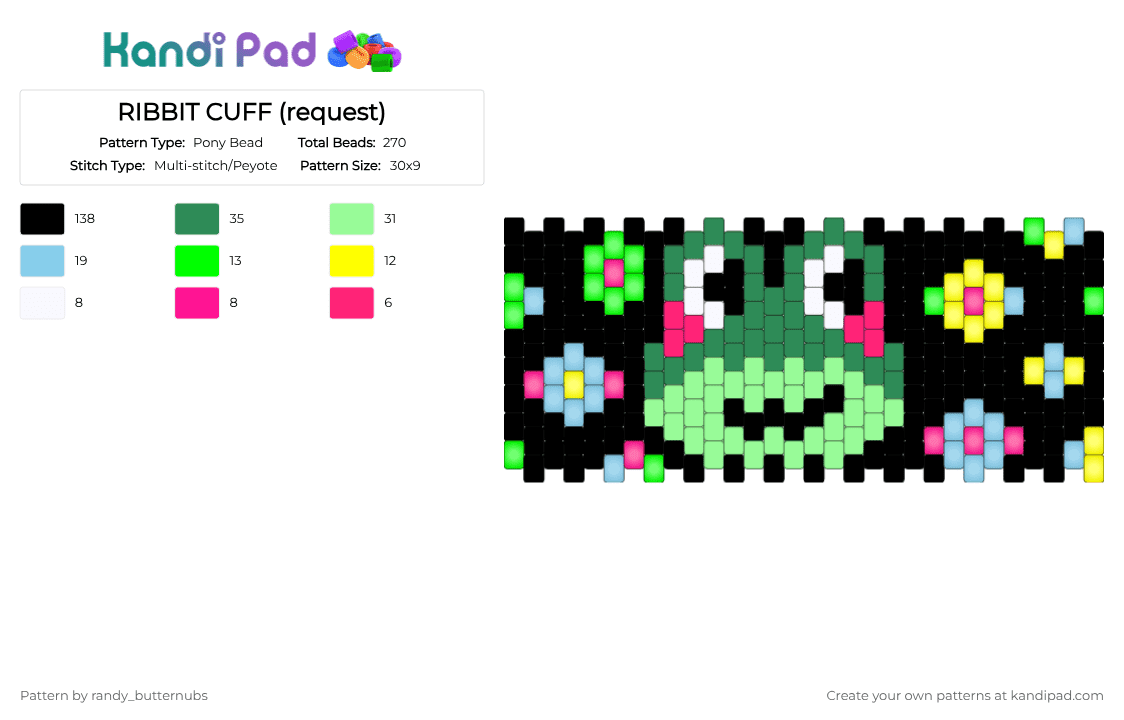 RIBBIT CUFF - Pony Bead Pattern by randy_butternubs on Kandi Pad - black,green,teal