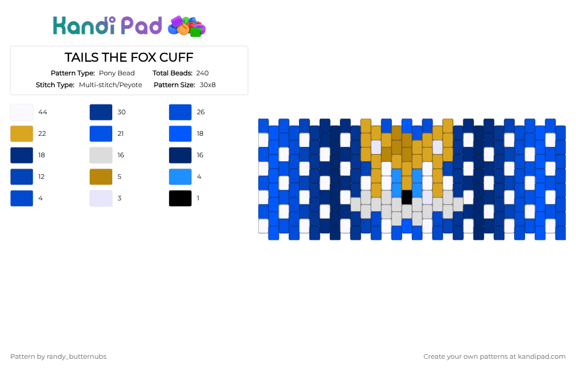 TAILS THE FOX CUFF - Pony Bead Pattern by randy_butternubs on Kandi Pad - blue