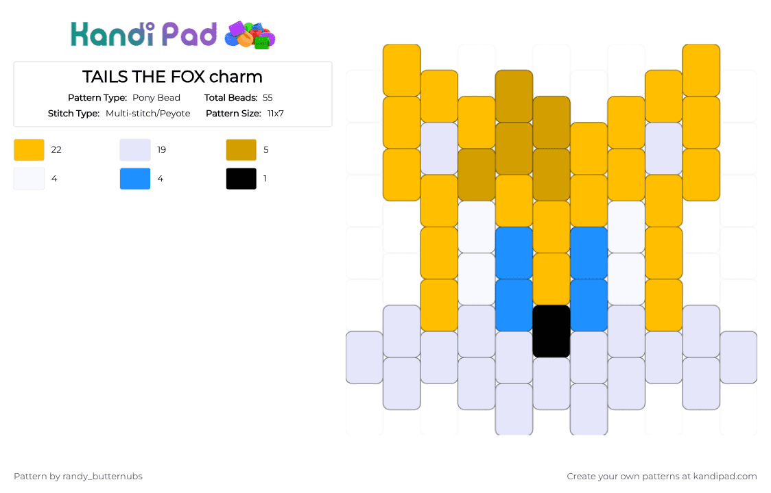 TAILS THE FOX charm - Pony Bead Pattern by randy_butternubs on Kandi Pad - yellow