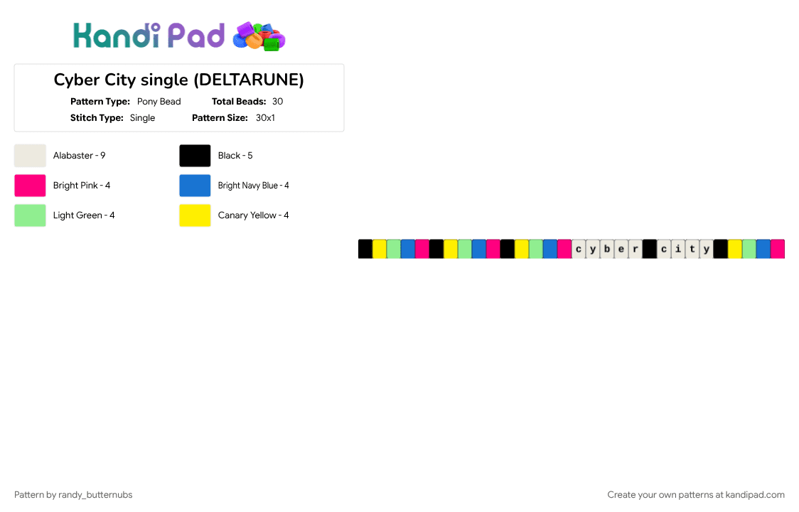 Cyber City single (DELTARUNE) - Pony Bead Pattern by randy_butternubs on Kandi Pad - blue, bracelet, deltarune, deltarune chapter 2, pink, single, teal, yellow