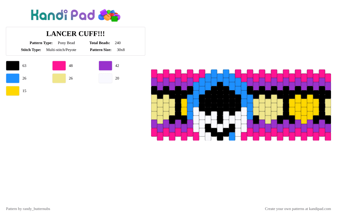 LANCER CUFF!!! - Pony Bead Pattern by randy_butternubs on Kandi Pad - yellow,purple,pink