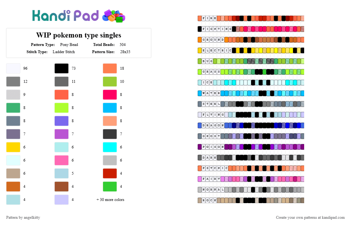pokemon type singles - Pony Bead Pattern by angelikowo on Kandi Pad - red,green,gray,colorful,pokemon,type,singles,rainbow,multiple,fire,water
