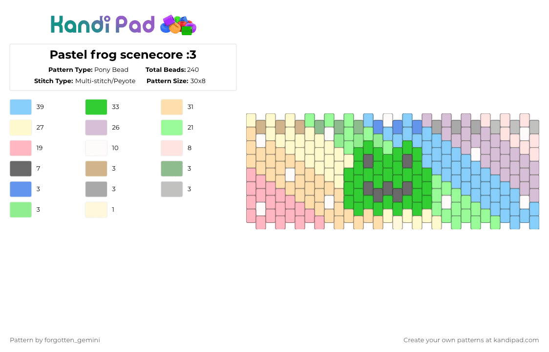 Pastel frog scenecore :3 - Pony Bead Pattern by forgotten_gemini on Kandi Pad - beige,light blue,pink,green