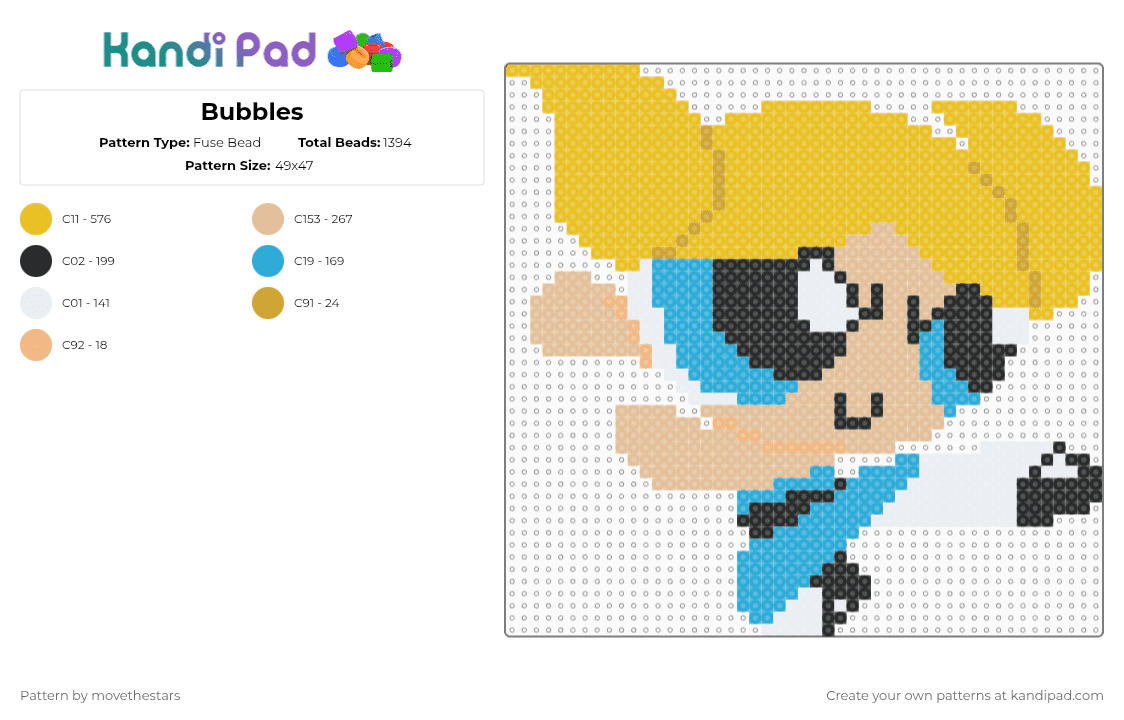 Bubbles - Fuse Bead Pattern by movethestars on Kandi Pad - cartoon,tv show,anime,yellow,beige,bubbles,power puff girls