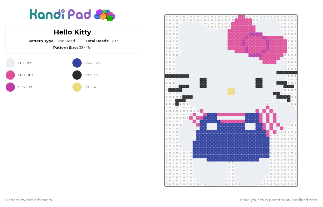Hello Kitty - Fuse Bead Pattern by movethestars on Kandi Pad - white,pink,purple