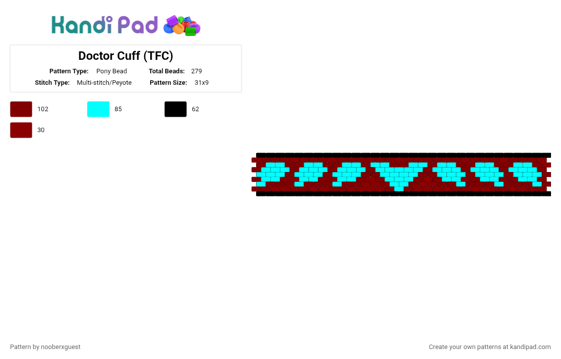 Doctor Cuff (TFC) - Pony Bead Pattern by nooberxguest on Kandi Pad - brown, circus, cyan, doctor, light blue, red, tfc