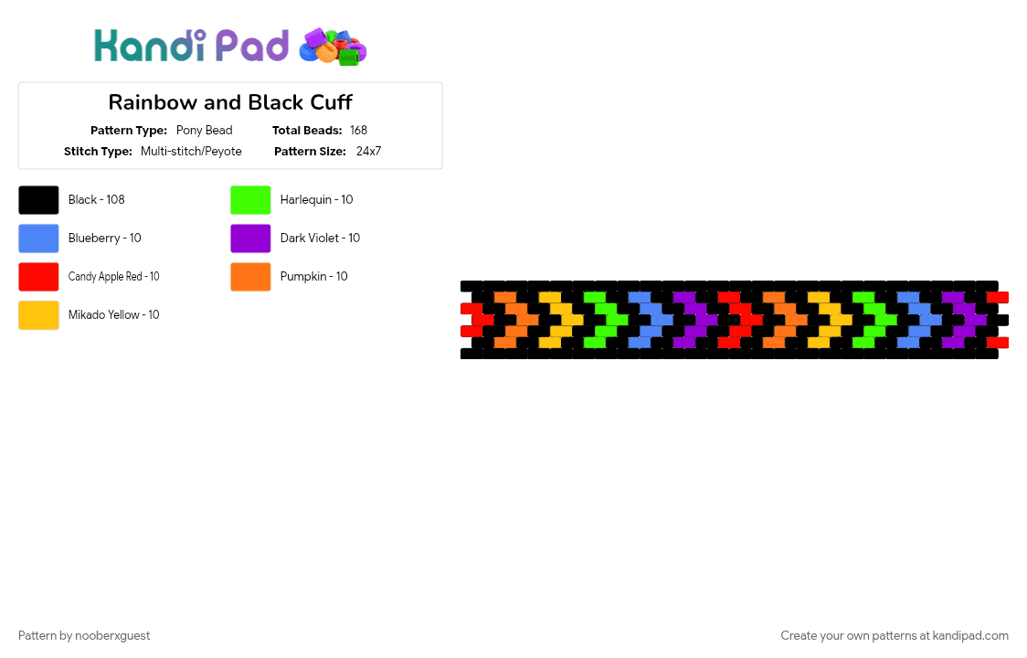 Rainbow and Black Cuff - Pony Bead Pattern by nooberxguest on Kandi Pad - black, blue, colorful, cotdchevrons, peyote stitch, rainbow, red, stripes, yellow