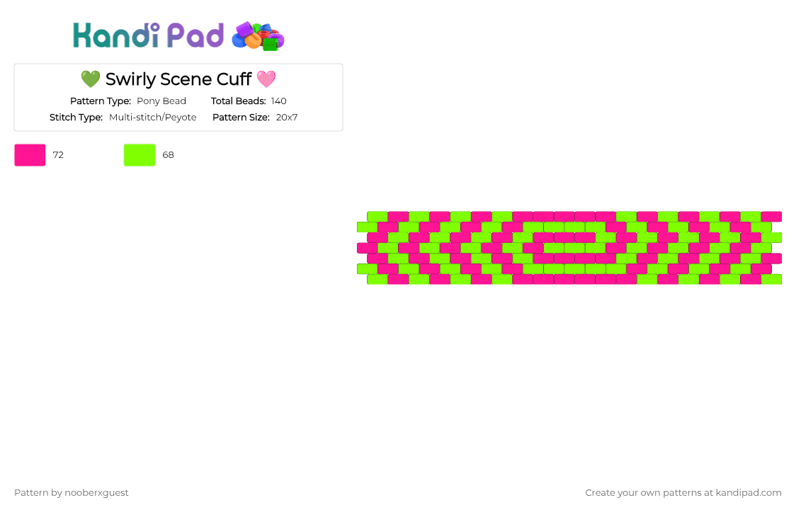 💚 Swirly Scene Cuff 🩷 - Pony Bead Pattern by nooberxguest on Kandi Pad - cuff, green, pink, scene, swirly