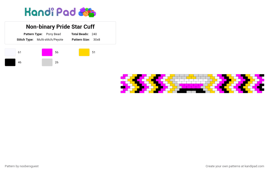 Nonbinary Pride Star Cuff - Pony Bead Pattern by nooberxguest on Kandi Pad - yellow,pink,pride,star,cuff,nonbinary