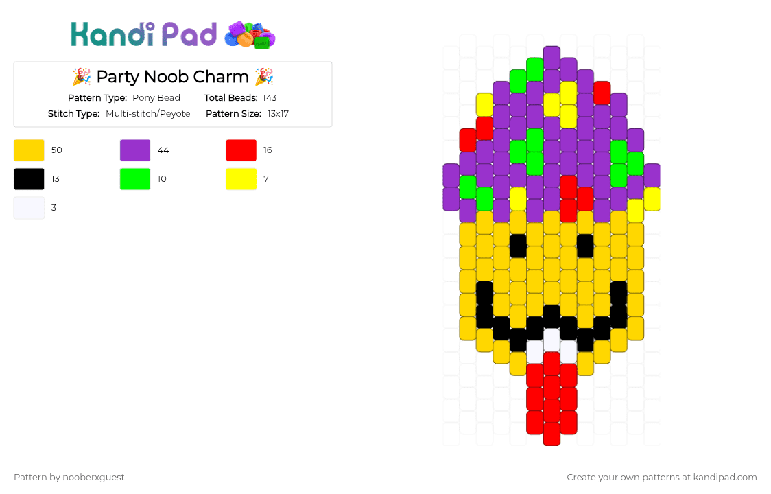 🎉 Party Noob Charm 🎉 - Pony Bead Pattern by nooberxguest on Kandi Pad - charm, poob, purple, regretevator, yellow