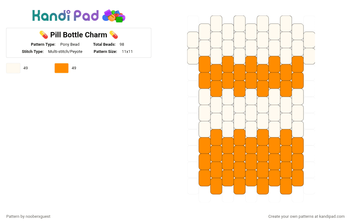 💊 Pill Bottle Charm 💊 - Pony Bead Pattern by nooberxguest on Kandi Pad - white,orange,charm,pillbottle,small