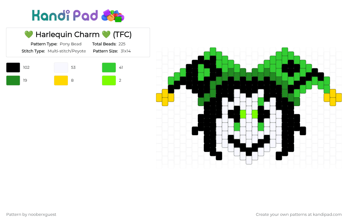 💚 Harlequin Charm 💚 (TFC) - Pony Bead Pattern by nooberxguest on Kandi Pad - green,harlequin,tfc,circus