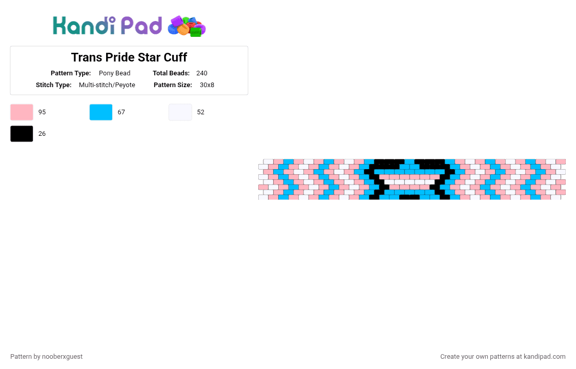 Trans Pride Star Cuff - Pony Bead Pattern by nooberxguest on Kandi Pad - light blue,pink,pride,star,cuff,transgender