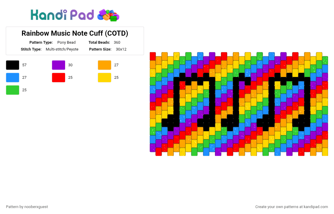 Rainbow Music Note Cuff (COTD) - Pony Bead Pattern by nooberxguest on Kandi Pad - colorful, cotdrhythm, green, music, orange, pride, purple, rainbow, sparkly