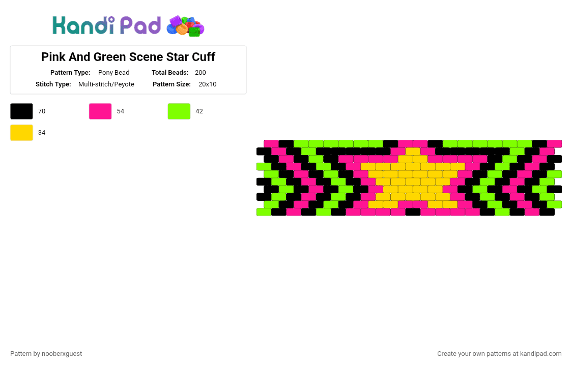 Pink And Green Scene Star Cuff - Pony Bead Pattern by nooberxguest on Kandi Pad - cuff, green, pink, scene, star