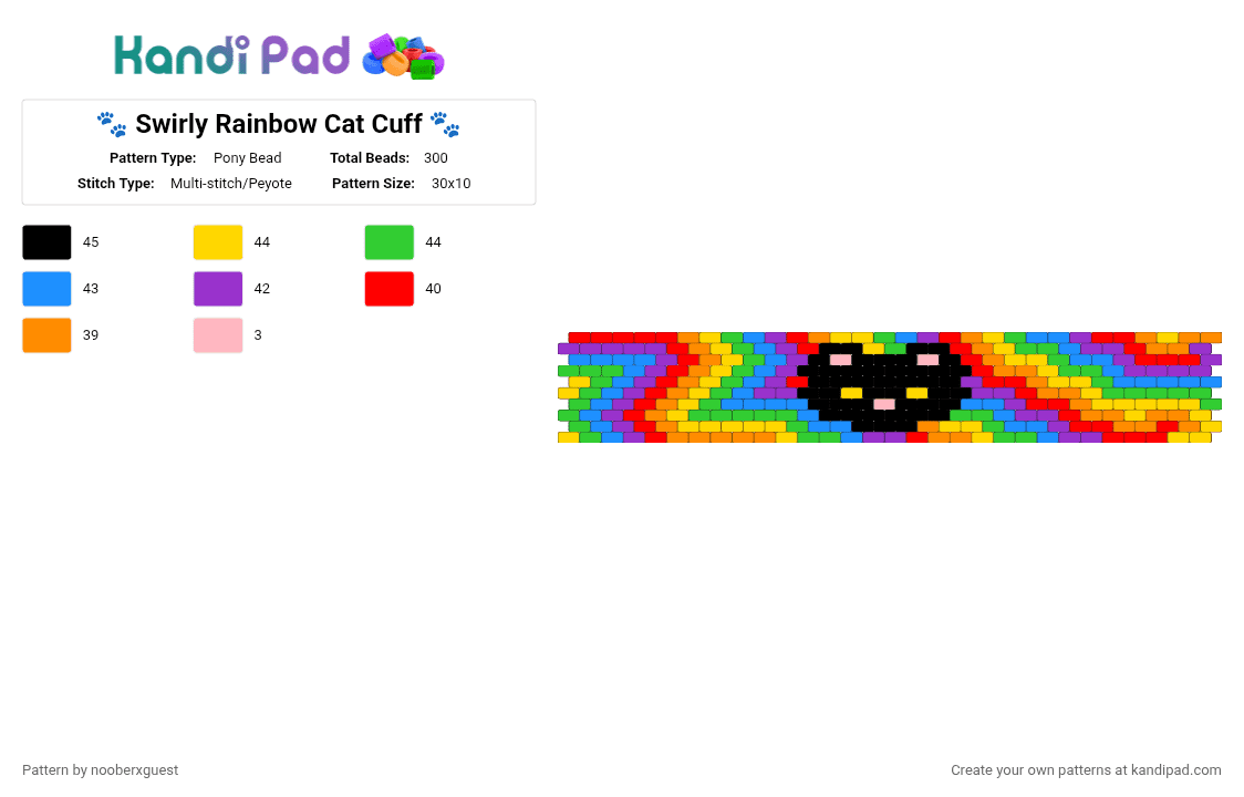 🐾 Swirly Rainbow Cat Cuff 🐾 - Pony Bead Pattern by nooberxguest on Kandi Pad - black, cat, colorful, cuff, green, orange, pride, purple, rainbow, swirl