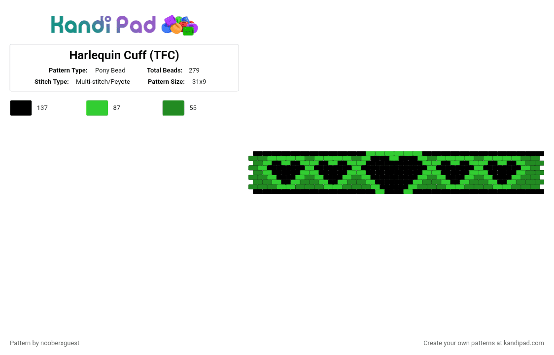 Harlequin Cuff (TFC) - Pony Bead Pattern by nooberxguest on Kandi Pad - black,green,tfc,circus,harlequin