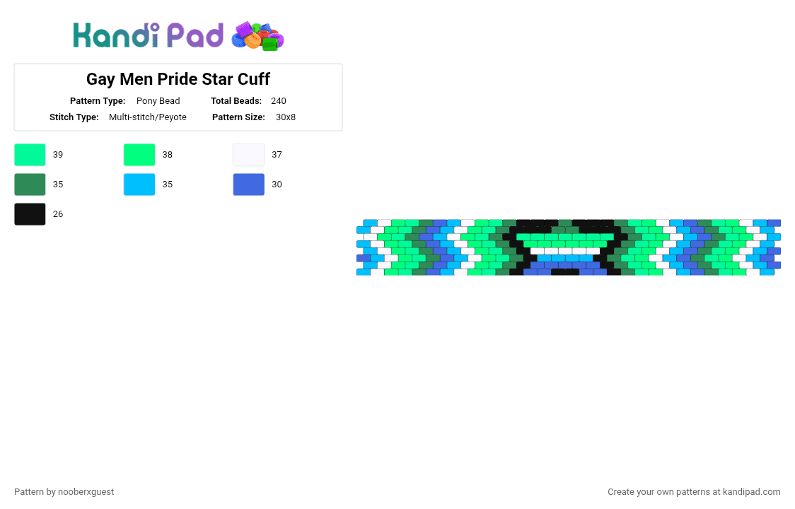 Gay Men Pride Star Cuff - Pony Bead Pattern by nooberxguest on Kandi Pad - cuff, gaymen, pride, star, teal
