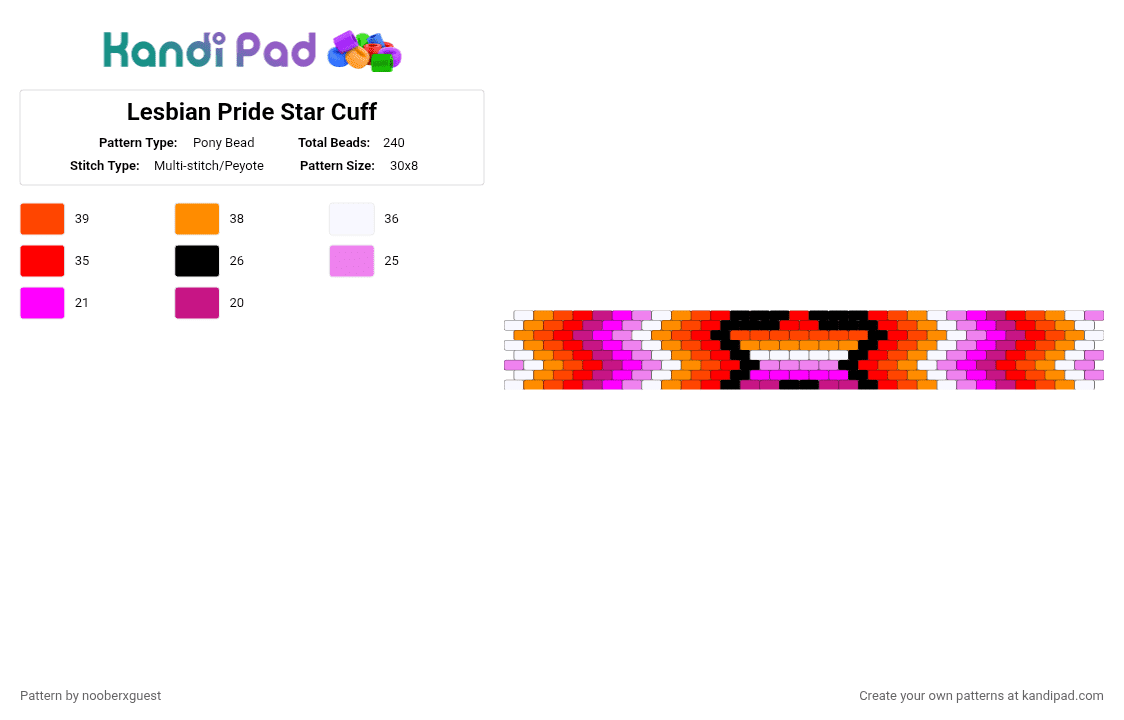 Lesbian Pride Star Cuff - Pony Bead Pattern by nooberxguest on Kandi Pad - red,pink,pride,star,cuff,lesbian