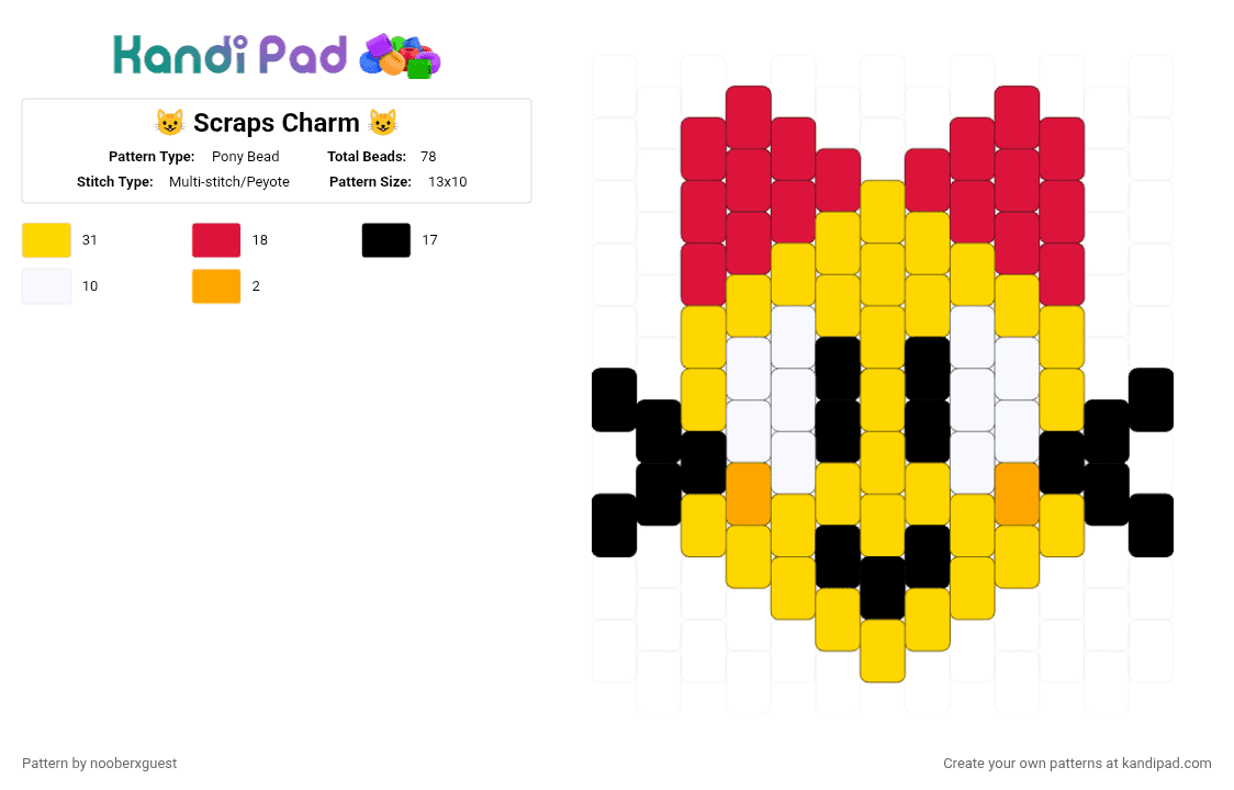 😺 Scraps Charm 😺 - Pony Bead Pattern by nooberxguest on Kandi Pad - yellow,red,scraps,dandysworld,charm,cat