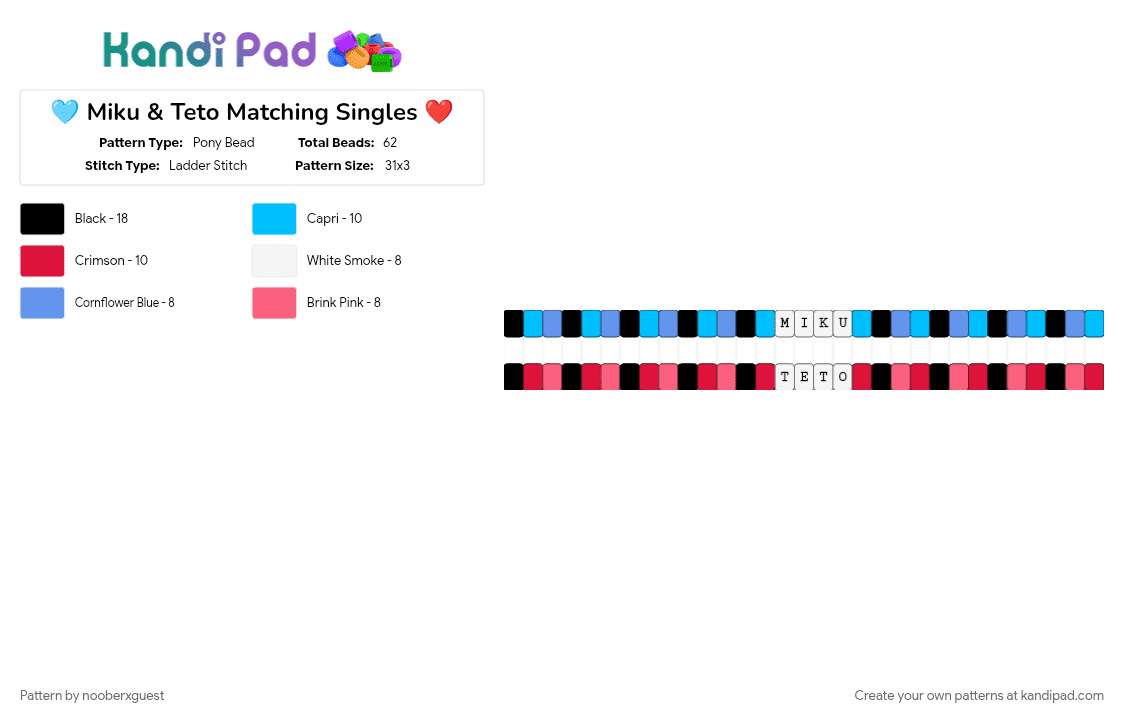 🩵 Miku & Teto Matching Singles ❤️ - Pony Bead Pattern by nooberxguest on Kandi Pad - cotdfriendship, friendship, light blue, miku, red, singles, teto, vocaloid