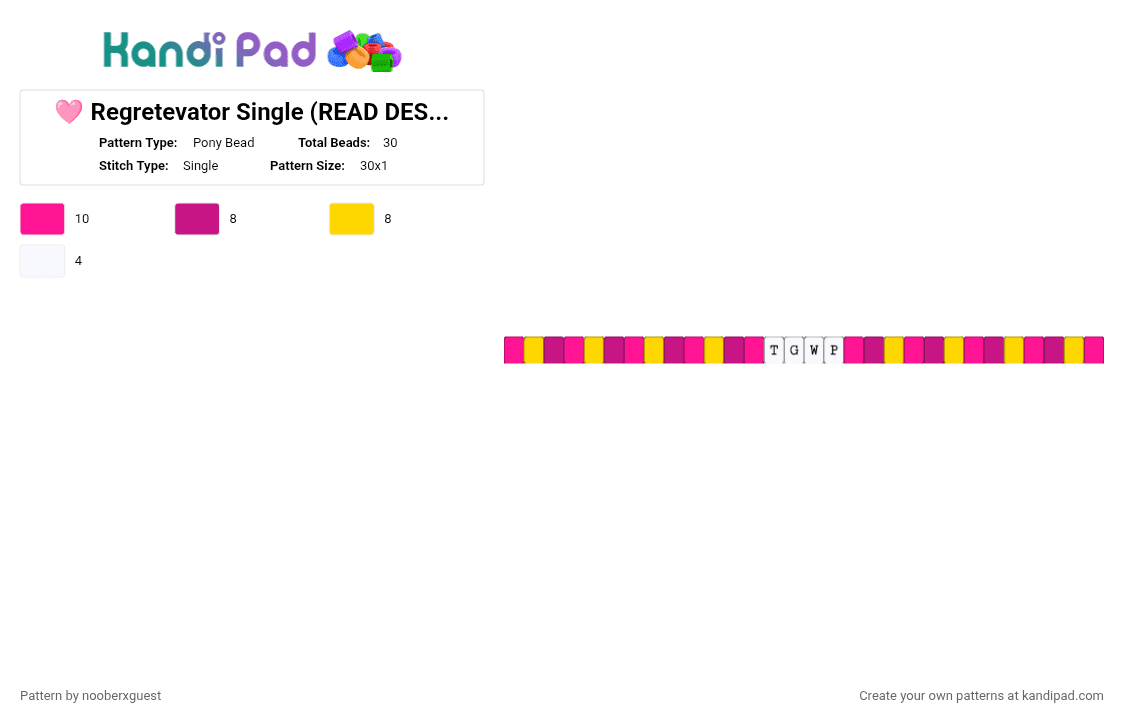 🩷 Regretevator Single (READ DESC) 🩷 - Pony Bead Pattern by nooberxguest on Kandi Pad - 1nf3ct3d, pink, regretevator, single, tgwp, yellow
