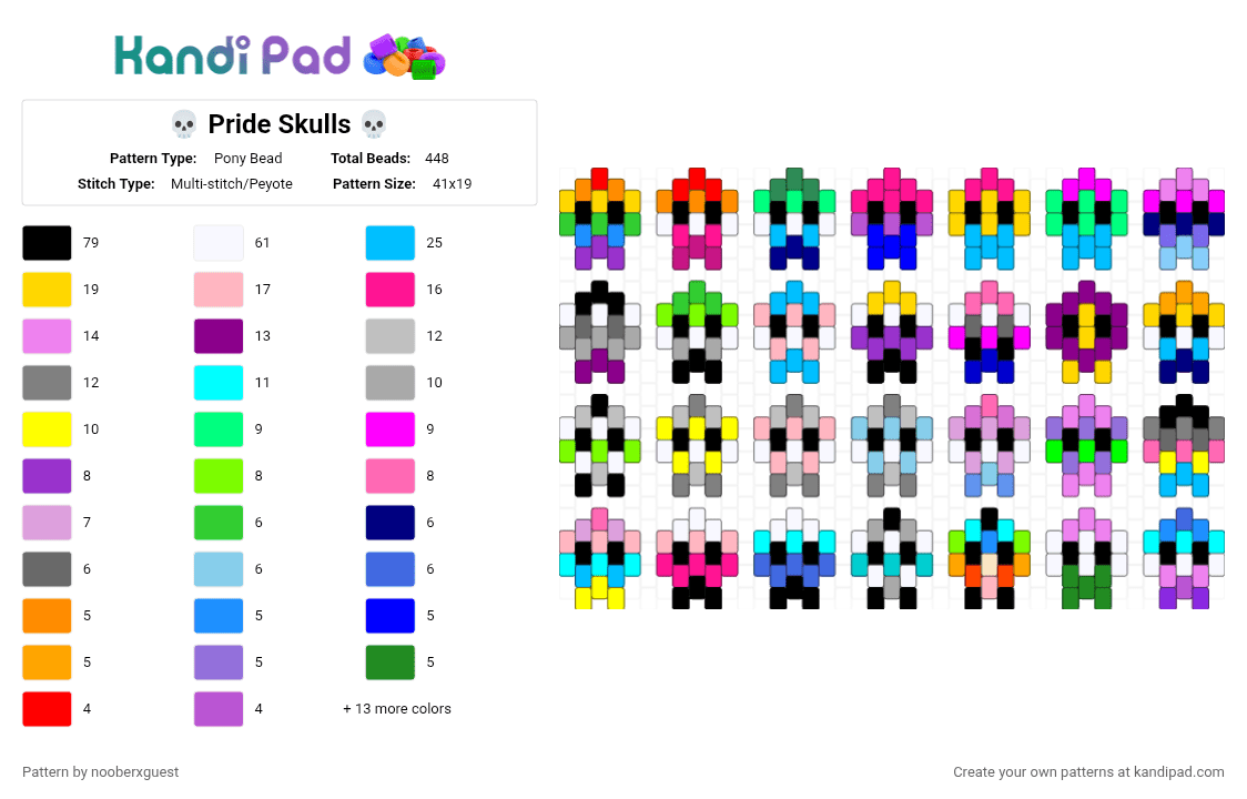 💀 Pride Skulls 💀 - Pony Bead Pattern by nooberxguest on Kandi Pad - green,purple,pink,colorful,pride,skulls,charm,small,rainbow