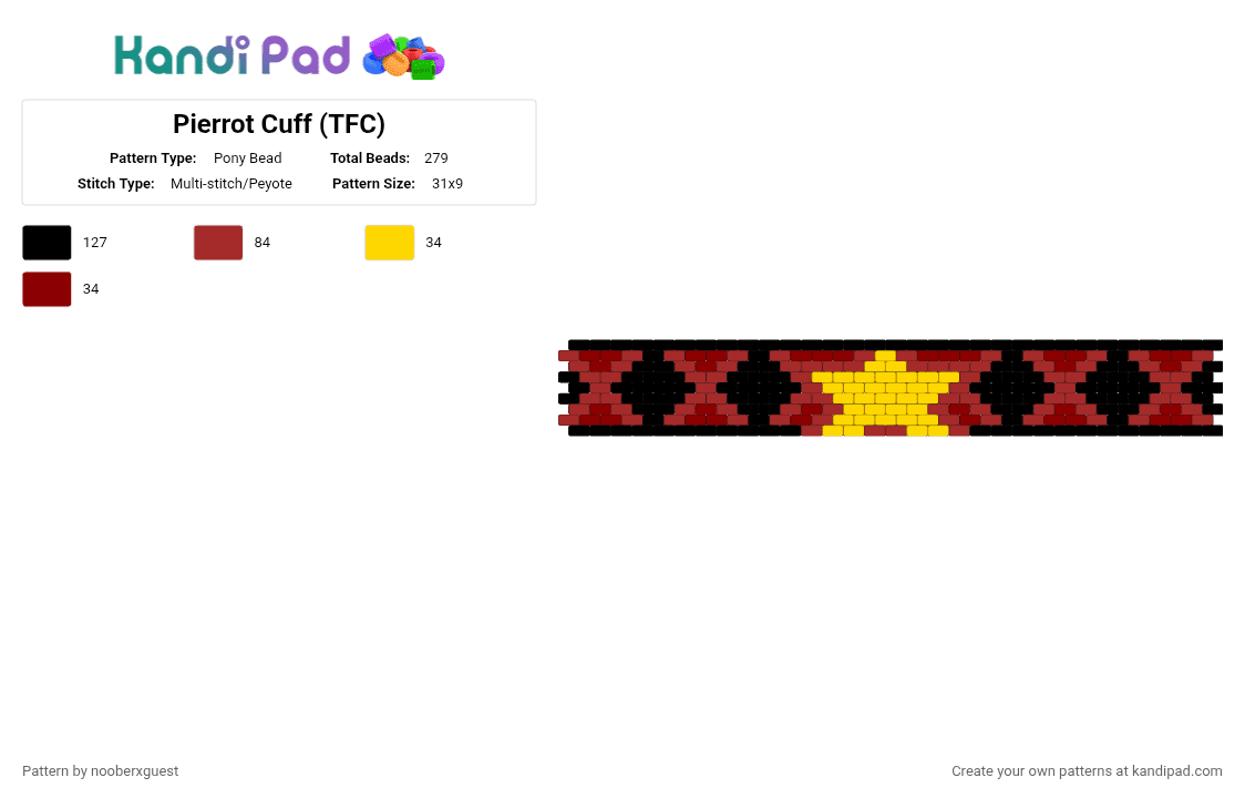Pierrot Cuff (TFC) - Pony Bead Pattern by nooberxguest on Kandi Pad - red,pierrot,tfc,circus