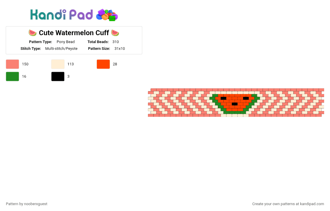 🍉 Cute Watermelon Cuff 🍉 - Pony Bead Pattern by nooberxguest on Kandi Pad - beige,orange,watermelon,fruit,red,cuff,white,cute
