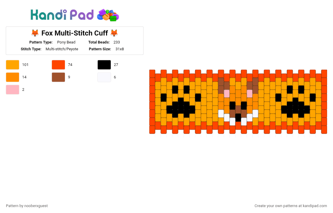 🦊 Fox Multi-Stitch Cuff 🦊 - Pony Bead Pattern by nooberxguest on Kandi Pad - orange,red,fox,cuff,paw,animal,multistitch