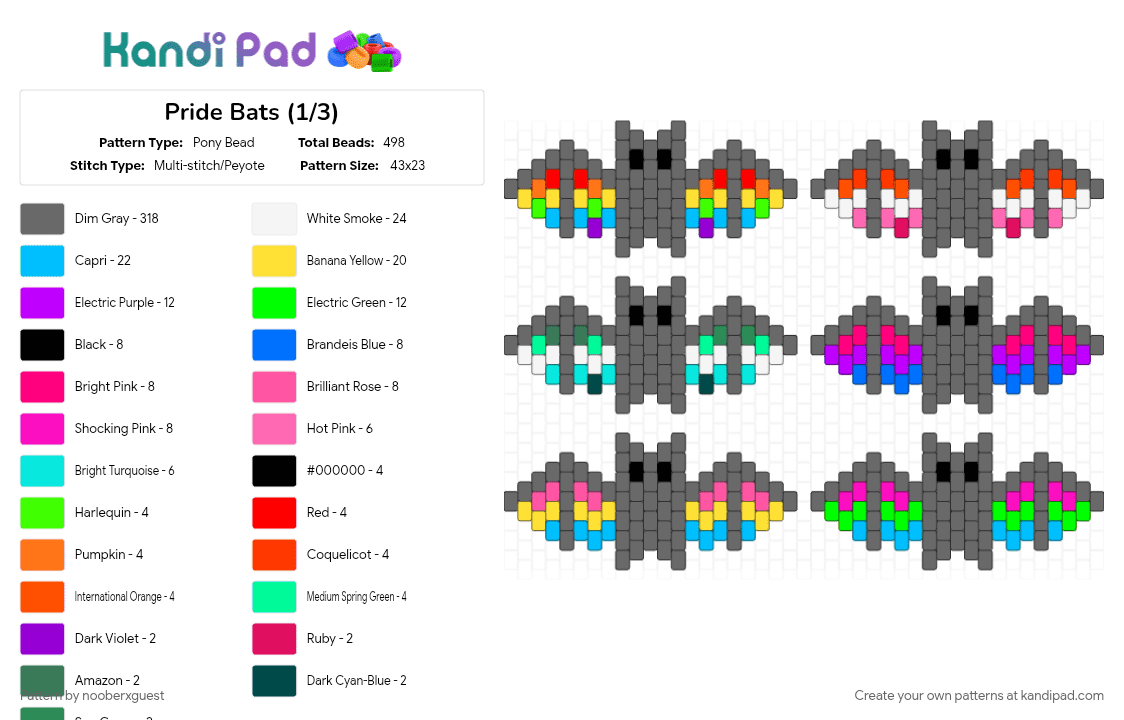 Pride Bats (1/3) - Pony Bead Pattern by nooberxguest on Kandi Pad - bat, charm, flag, gray, pride, rainbow