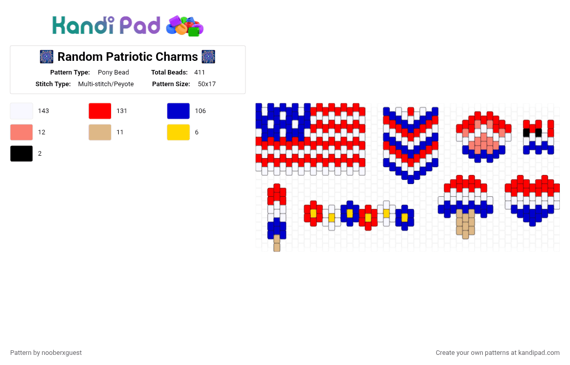 🎆 Random Patriotic Charms 🎆 - Pony Bead Pattern by nooberxguest on Kandi Pad - purple,red,america,holiday,patriotic,charms,white,blue,july