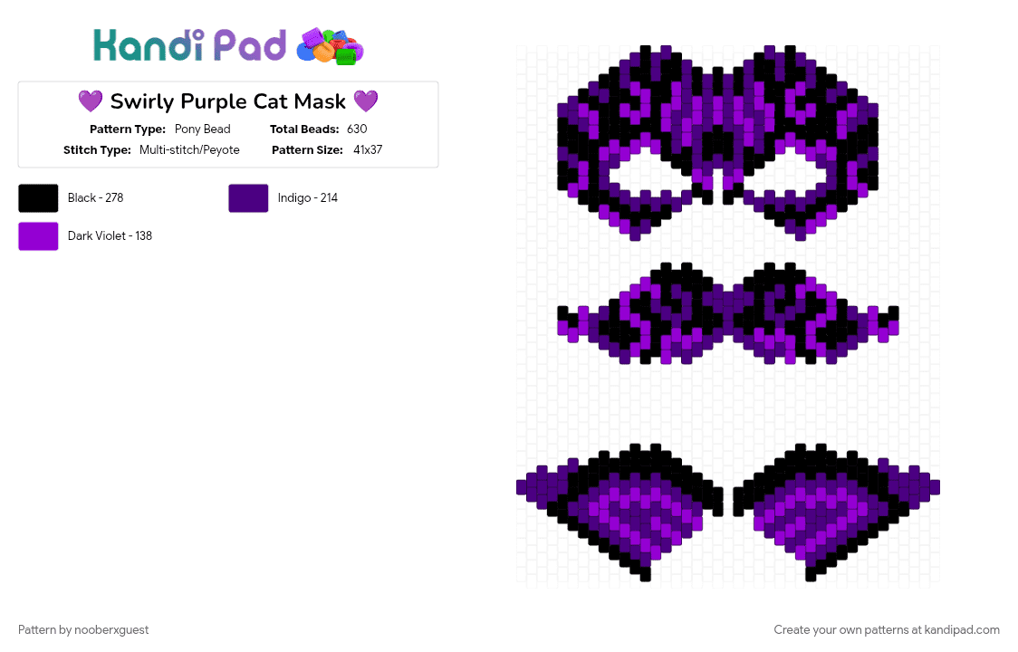 💜 Swirly Purple Cat Mask 💜 - Pony Bead Pattern by nooberxguest on Kandi Pad - black, cat, mask, otherpaw, purple, swirl, therian