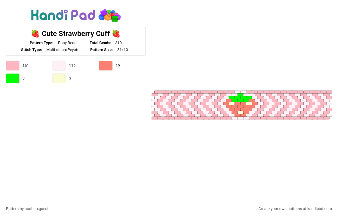 🍓 Cute Strawberry Cuff 🍓 - Pony Bead Pattern by nooberxguest on Kandi Pad - pink,strawberry,fruit,cuff,white