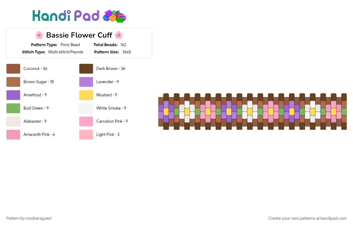 🌸 Bassie Flower Cuff 🌸 - Pony Bead Pattern by nooberxguest on Kandi Pad - bassie, brown, dandys world, flower, multistitch, pink, purple, tan, white