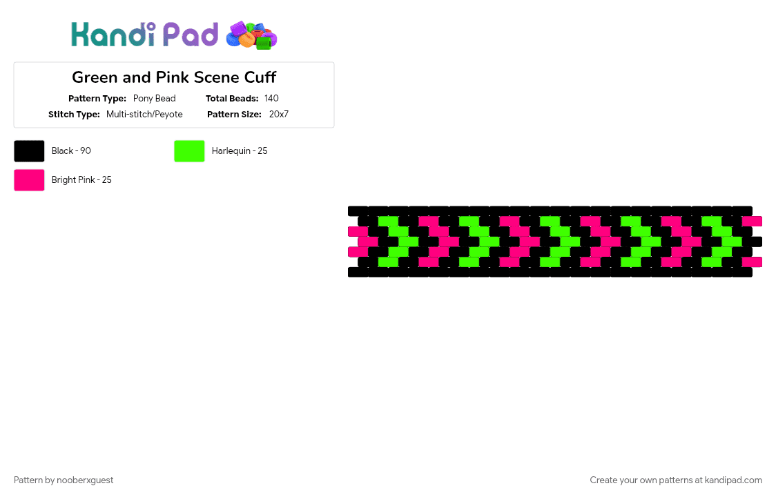 Green and Pink Scene Cuff - Pony Bead Pattern by nooberxguest on Kandi Pad - black, cotdchevrons, green, peyote stitch, pink, scene