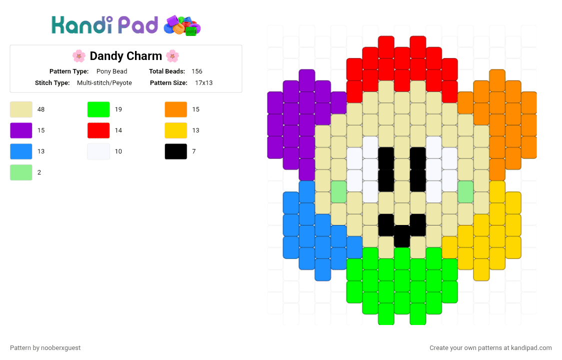 🌸 Dandy Charm 🌸 - Pony Bead Pattern by nooberxguest on Kandi Pad - charm, dandy, dandysworld, flower, green, rainbow, yellow