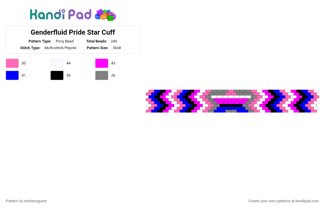 Genderfluid Pride Star Cuff - Pony Bead Pattern by nooberxguest on Kandi Pad - pink,pride,star,cuff,genderfluid