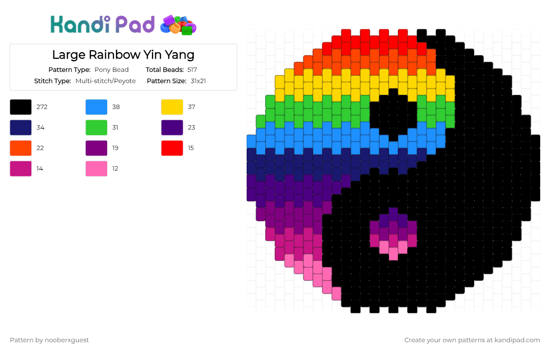 Large Rainbow Yin Yang - Pony Bead Pattern by nooberxguest on Kandi Pad - black,light blue,purple,pink,rainbow,yinyang,large,pride