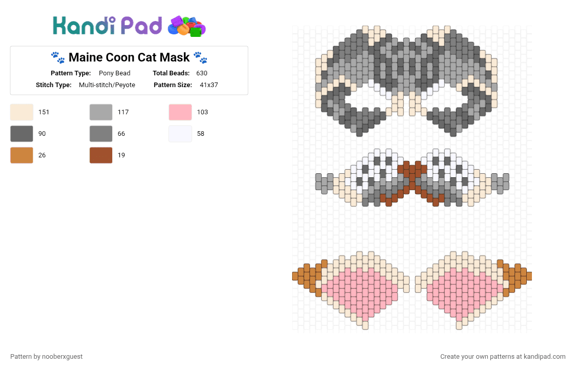🐾 Maine C00n Cat Mask 🐾 - Pony Bead Pattern by nooberxguest on Kandi Pad - gray,beige,pink,therian,cat,mask,mainecoon