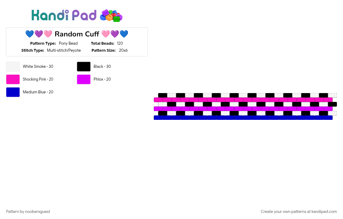 💙💜🩷 Random Cuff 🩷💜💙 - Pony Bead Pattern by nooberxguest on Kandi Pad - black, blue, cuff, pink, purple, striped, white