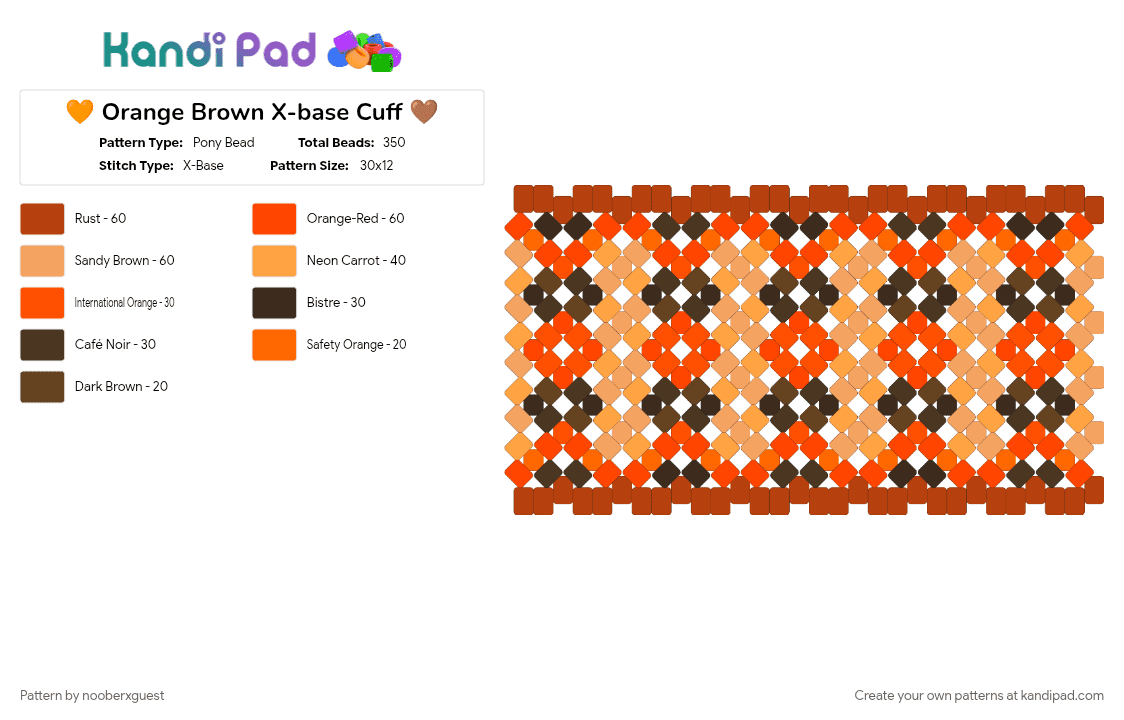 🧡 Orange And Brown X-base Cuff 🤎 - Pony Bead Pattern by nooberxguest on Kandi Pad - brown, cuff, orange, patterned, red, tan, xbase