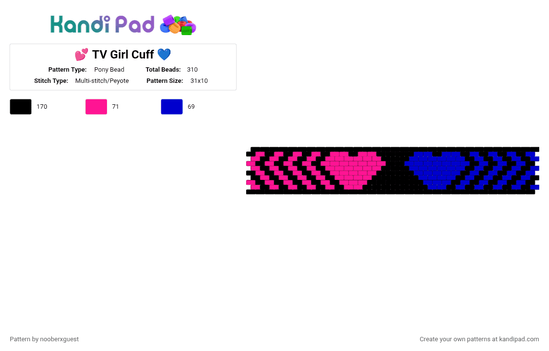 💕 TV Girl Cuff 💙 - Pony Bead Pattern by nooberxguest on Kandi Pad - pink,purple,tvgirl,heart,blue,cuff