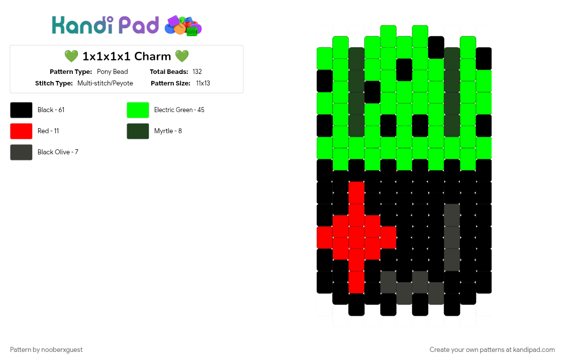 💚 1x1x1x1 Charm 💚 - Pony Bead Pattern by nooberxguest on Kandi Pad - 1x1x1x1, charm, forsaken, green, roblox